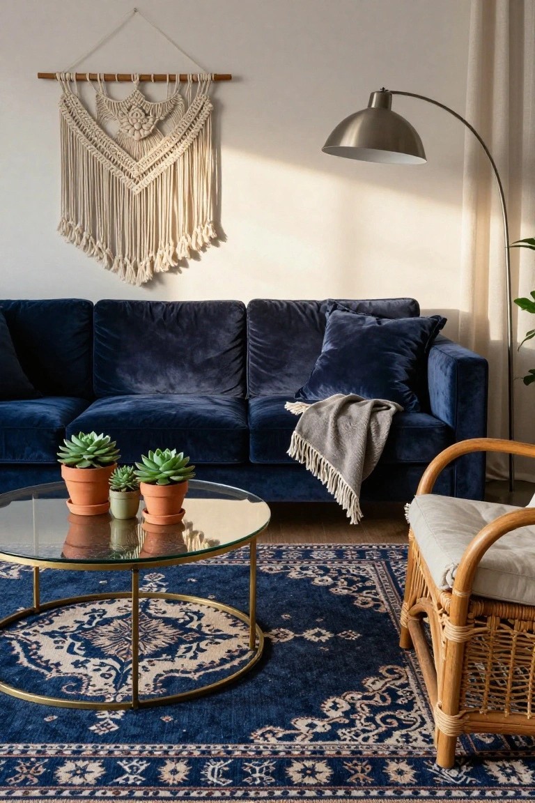 Living room with navy blue velvet sectional sofa, gold-rimmed glass coffee table holding three potted succulents, navy blue patterned rug, beige macrame wall hanging, chrome arc floor lamp, and rattan armchair with cushion.