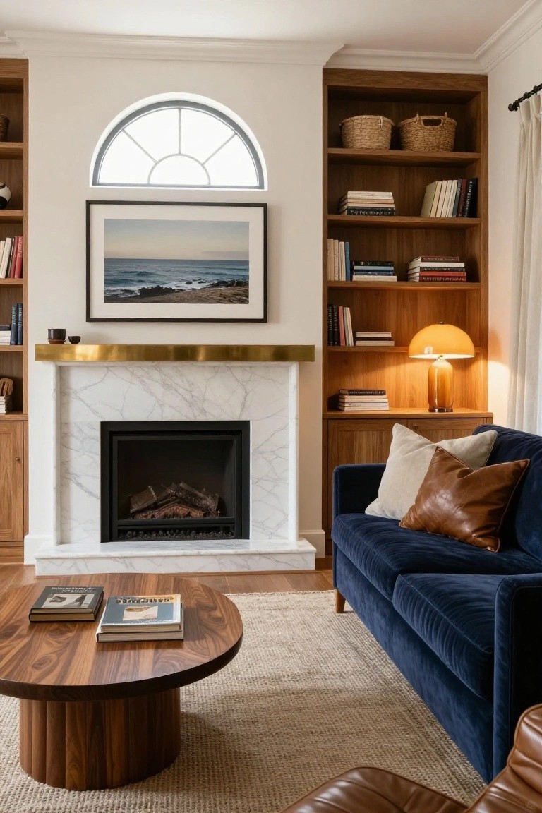 A living room with navy blue velvet sofa, wood built-in bookshelves on both sides of a white marble fireplace, round wood coffee table, and large ocean photo on the wall.