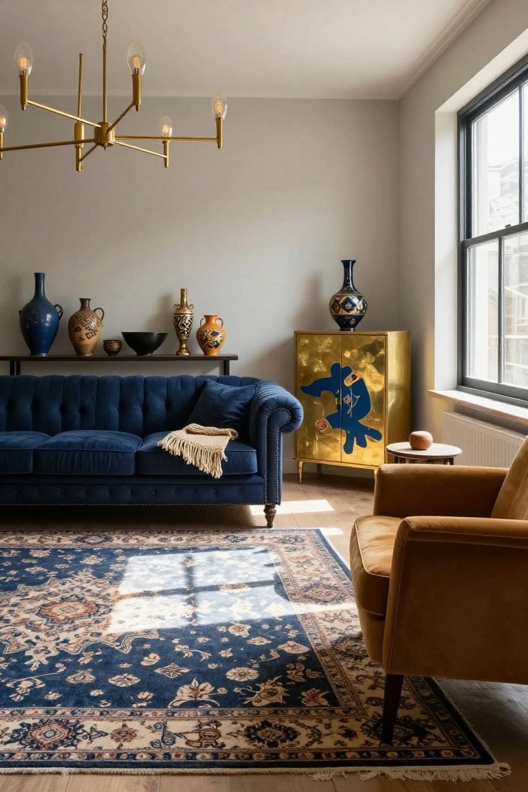 Living room with navy blue velvet tufted sofa on blue Persian rug, gold chandelier overhead, eclectic pottery on black metal shelf, gold cabinet with blue fish design, orange armchair, and side table.