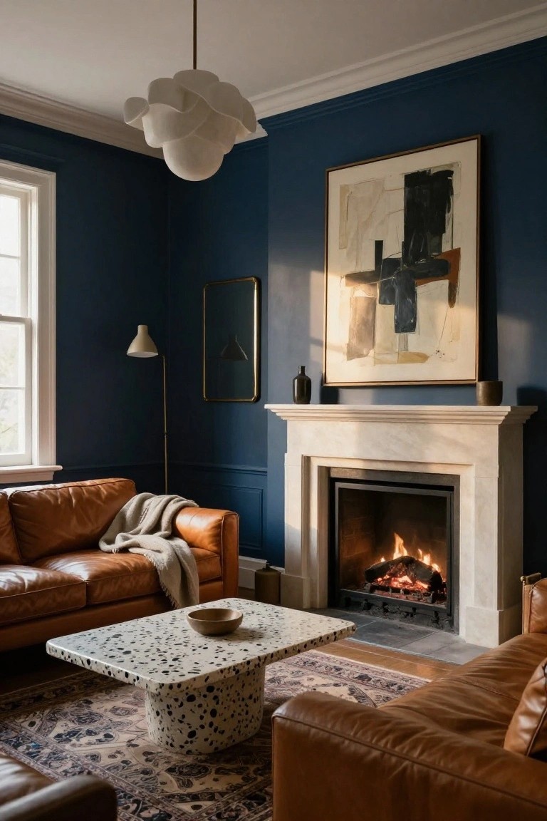 Living room with navy blue walls, marble fireplace with burning fire, tan leather sofas, white terrazzo coffee table, abstract painting, and floor lamp.