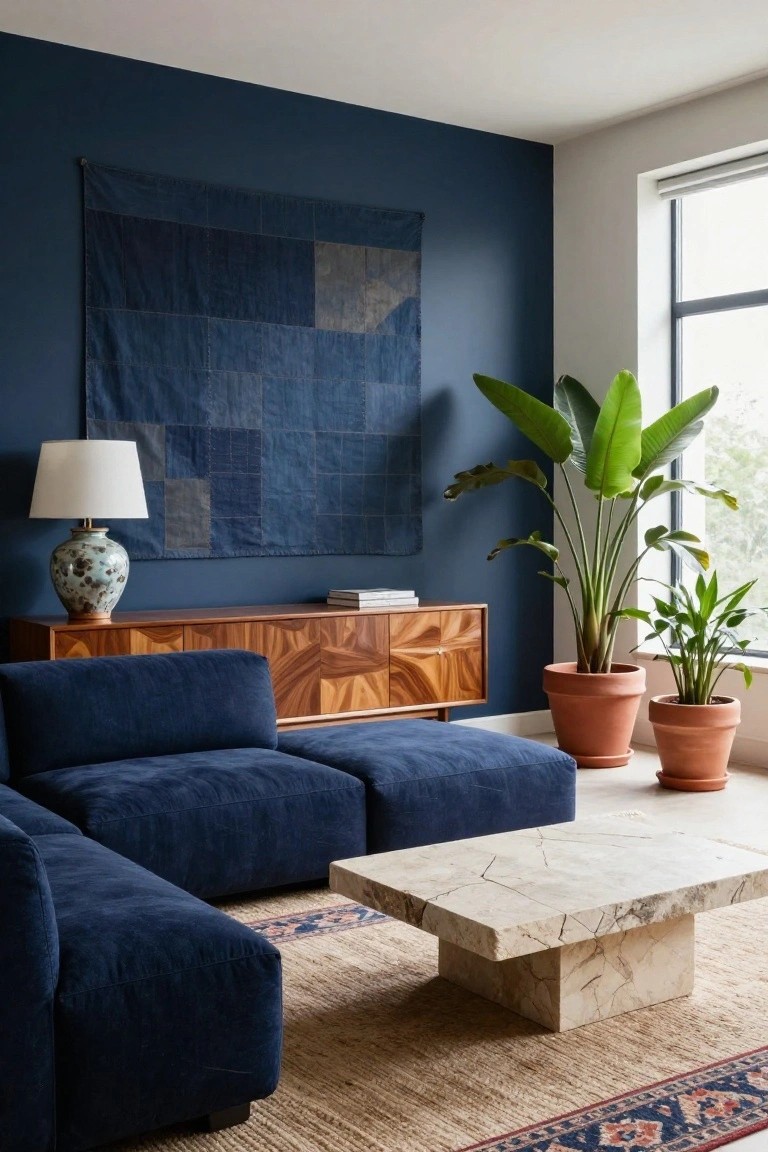 Modern living room featuring deep navy blue walls, a large navy velvet sectional sofa, wooden credenza with books, large potted plants, white lamp on blue vase, patchwork textile wall hanging, travertine coffee table, and woven rug.