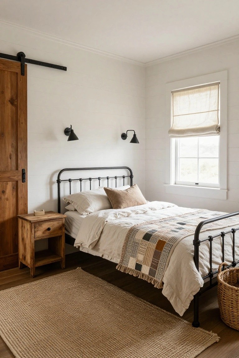 White shiplap walled bedroom with black metal bed frame, beige linens and patchwork quilt, wooden nightstand, sliding barn door, black sconces, and window with linen roman shade.