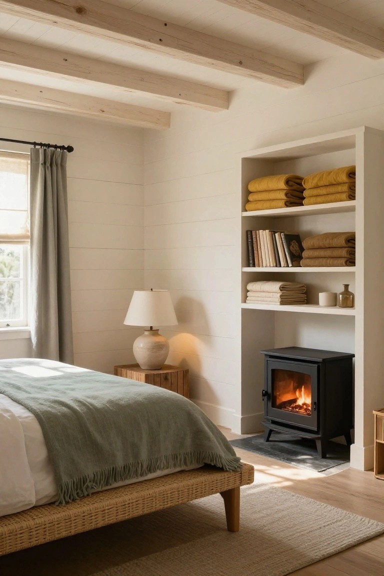 A bedroom corner with a black freestanding wood-burning stove flanked by white open shelving holding folded yellow and beige towels, books, ceramics, and a small vase, adjacent to a low rattan bed frame draped with a teal throw on shiplap walls under exposed wooden beams.