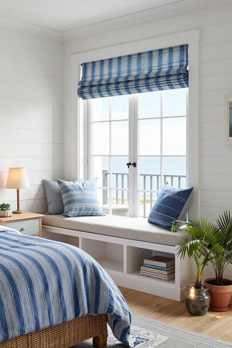 White shiplap bedroom with built-in cushioned bench under double windows overlooking the ocean, rattan bed with blue striped bedding, nightstand lamp, potted plants, and books on open shelves.