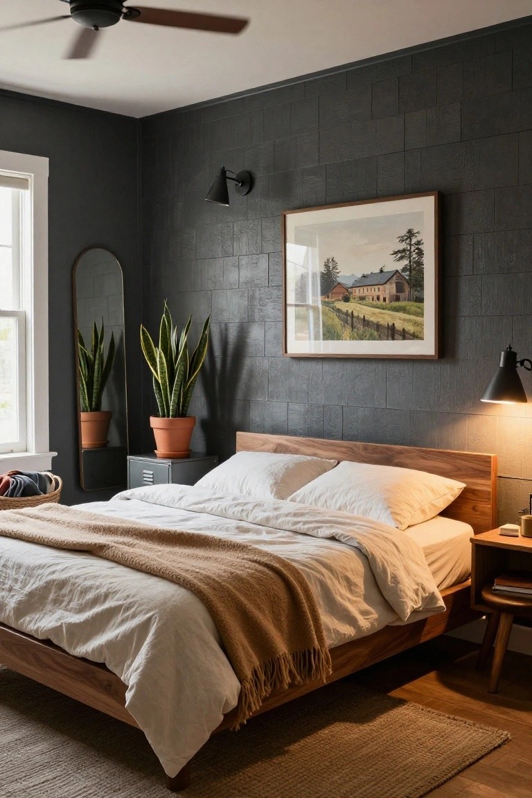 Corner of a bedroom with dark gray textured tile walls, wooden platform bed dressed in white linens and tan throw blanket, two snake plants in terracotta pots, arched floor mirror, metal filing cabinet, and black wall lamps.