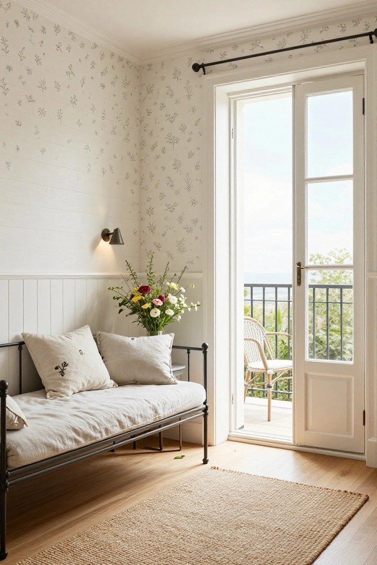 A cozy bedroom corner with white shiplap lower walls, black metal daybed topped with white linen bedding and pillows, bouquet of colorful flowers on the bed, and open French doors to a balcony overlooking trees and railing.