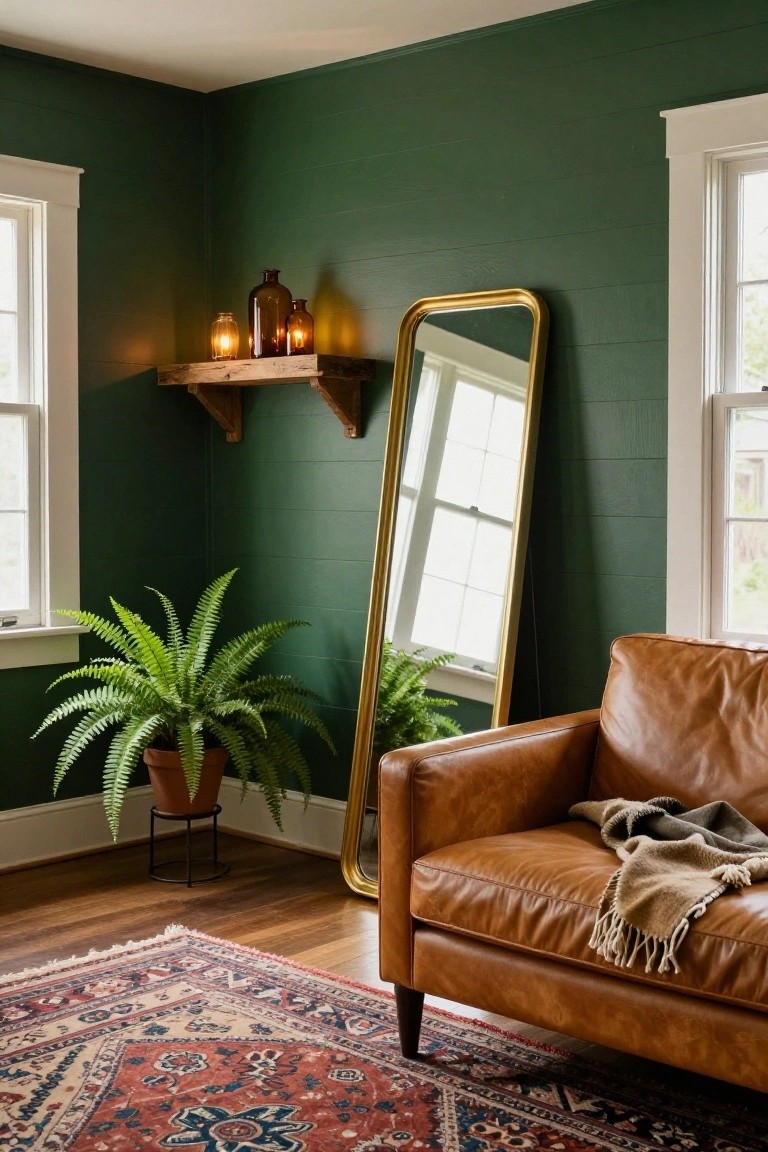 Corner of a green shiplap-walled bedroom with tall gold-framed mirror, two potted ferns, tan leather armchair with throw on wood floor and patterned rug.