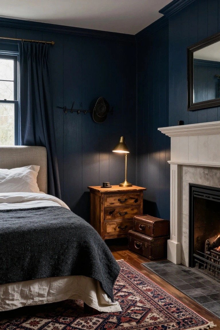 Cozy bedroom with navy walls, wooden furniture, a fireplace, and warm lighting.