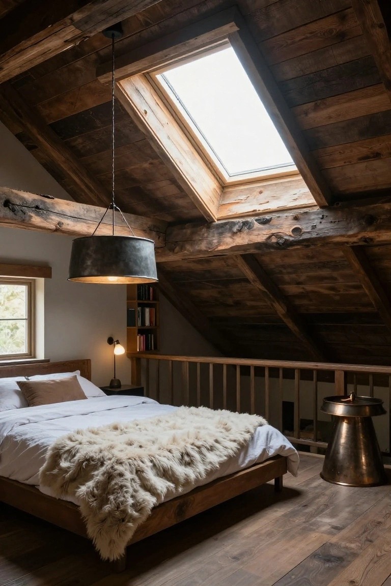 Attic bedroom with dark exposed wooden beams on sloped ceiling and skylight, wooden bed draped in white sheets and cream fur throw, large galvanized pendant light hanging above, bedside table with lamp, bookshelf railing, and hardwood floors.