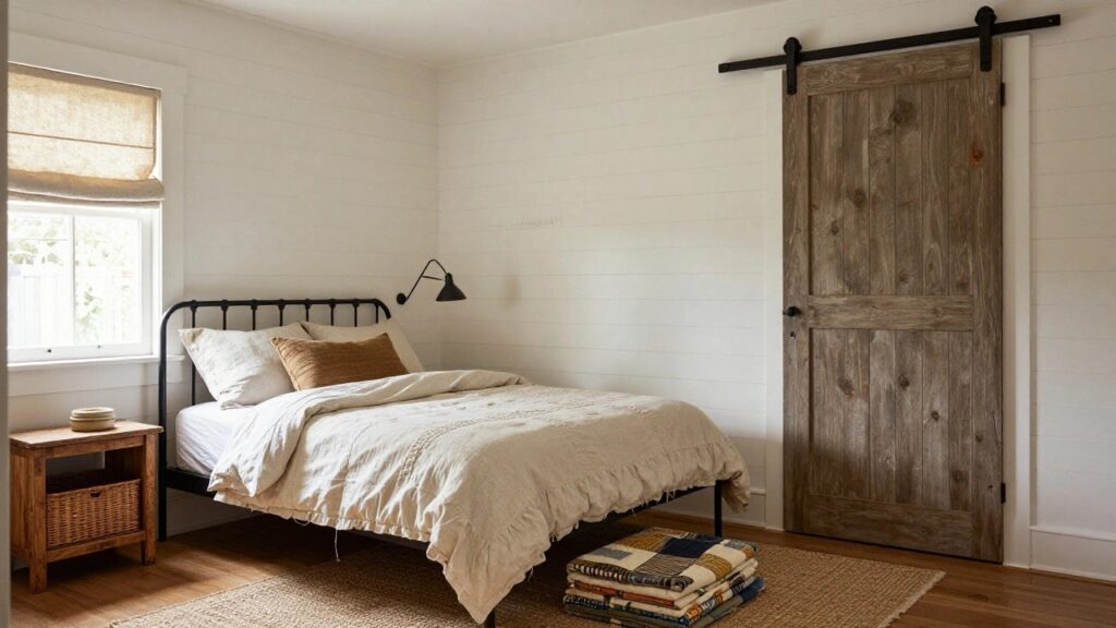 White shiplap walled bedroom with black metal bed frame, beige linens and patchwork quilt, wooden nightstand, sliding barn door, black sconces, and window with linen roman shade.