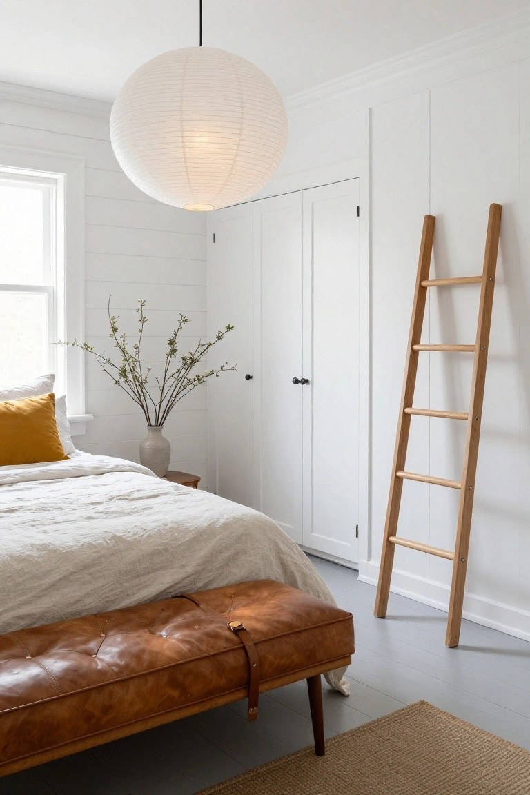White shiplap-walled bedroom featuring a white bed with yellow pillows and tan leather bench at the foot, wooden leaning ladder next to double wardrobe doors, paper lantern overhead light, vase of branches on side table, and seagrass rug on gray floor.