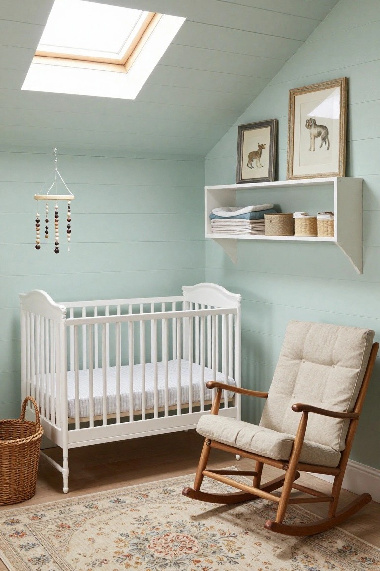 A nursery with mint green shiplap walls and sloped ceiling, white crib, beige rocking chair, floating white shelves with linens and baskets, wooden mobile, skylight, wicker basket, and patterned rug on wood floor.