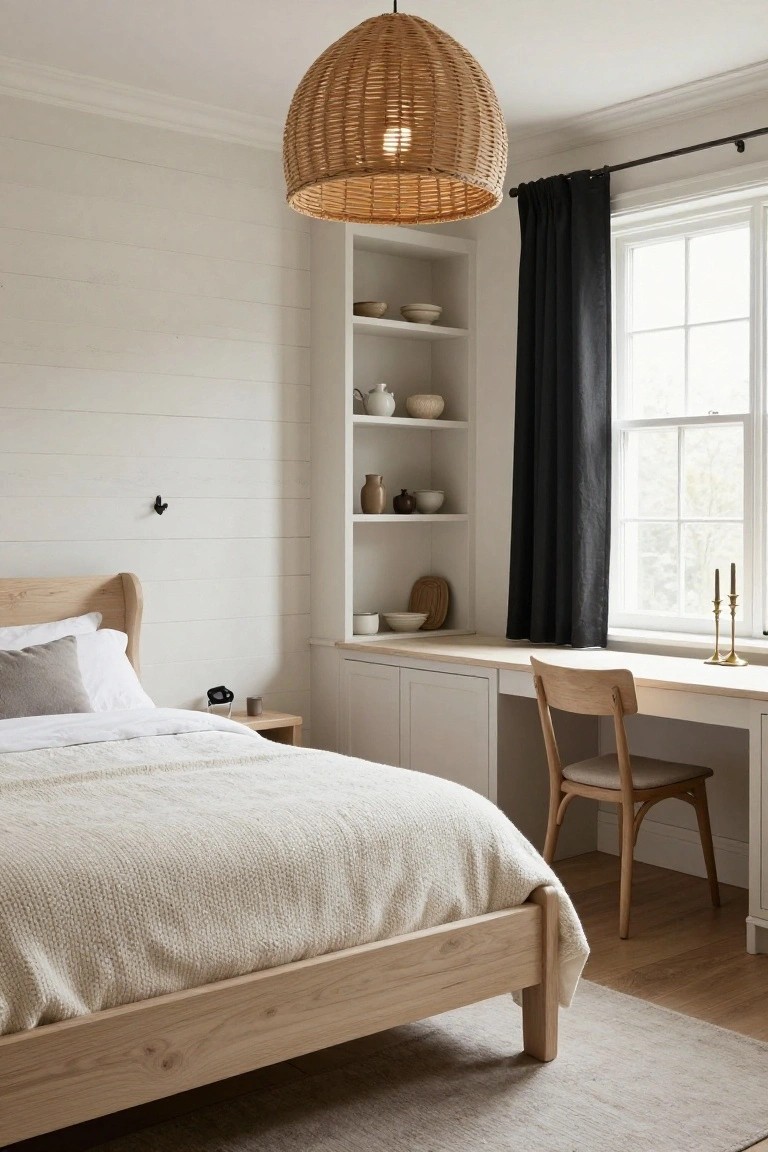 A bedroom featuring white shiplap walls, a light wooden bed with neutral bedding, built-in oak shelves and desk with a wooden chair, rattan pendant light, black curtains on a window, and hardwood floors.