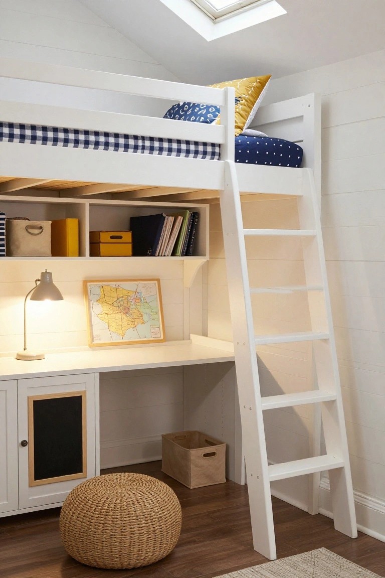 White shiplap-walled bedroom with loft bed featuring navy gingham bedding and yellow pillows, built-in shelves, ladder, desk with lamp and map, chalkboard cabinet, woven pouf, and skylight.