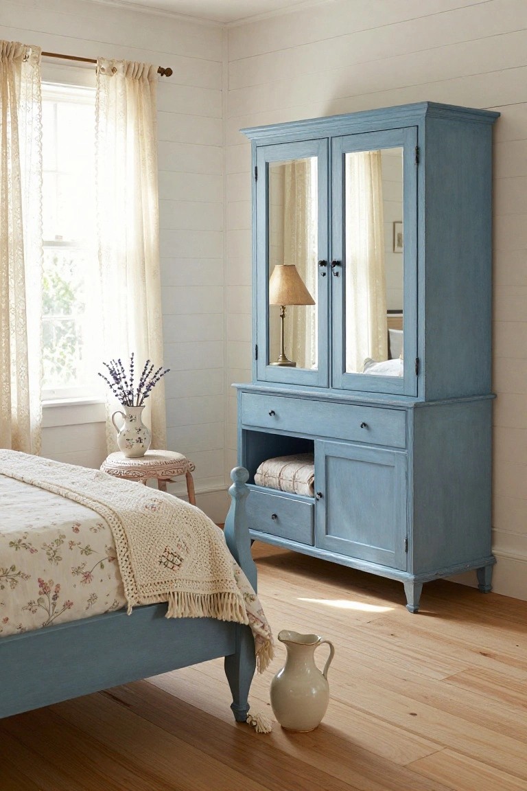 White shiplap-walled bedroom with tall blue-painted wooden armoire featuring upper mirrored doors and lower drawers and cabinet, matching blue bed frame with floral bedding, lavender vase on stool, lamp on table, and hardwood floors.