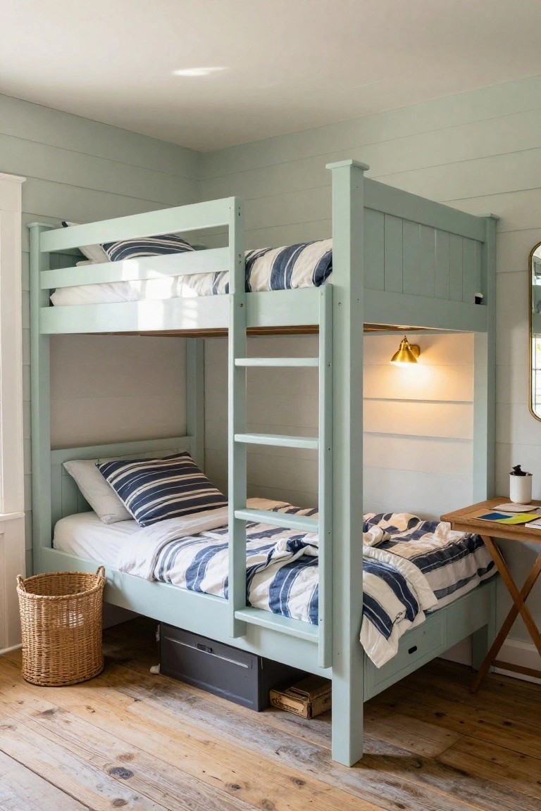Sage green wooden bunk bed with ladder, upper and lower beds made with striped bedding, set against white shiplap walls in a bedroom with wooden floors, wicker basket, and small desk.