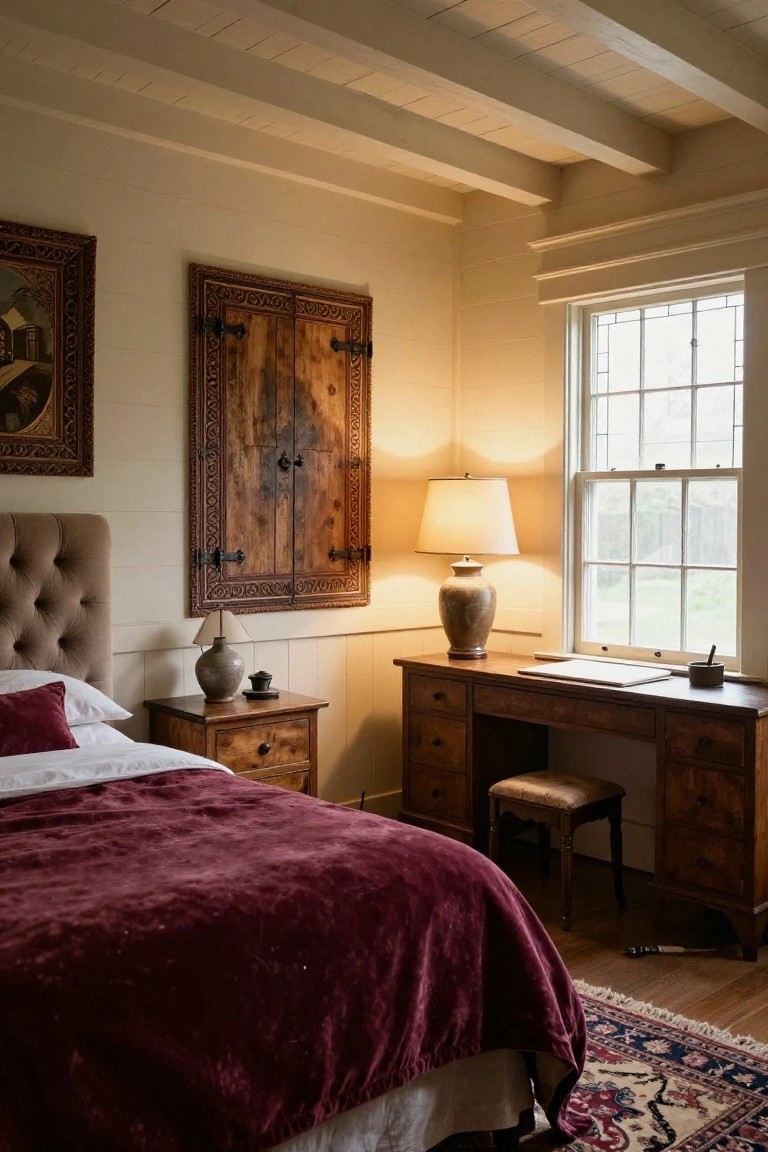 A cozy bedroom with white shiplap walls, exposed wooden ceiling beams, a tufted upholstered bed with burgundy bedding and pillows, wooden nightstand and desk with chair, ceramic lamps, large carved wooden double doors on the wall, and a window overlooking greenery.