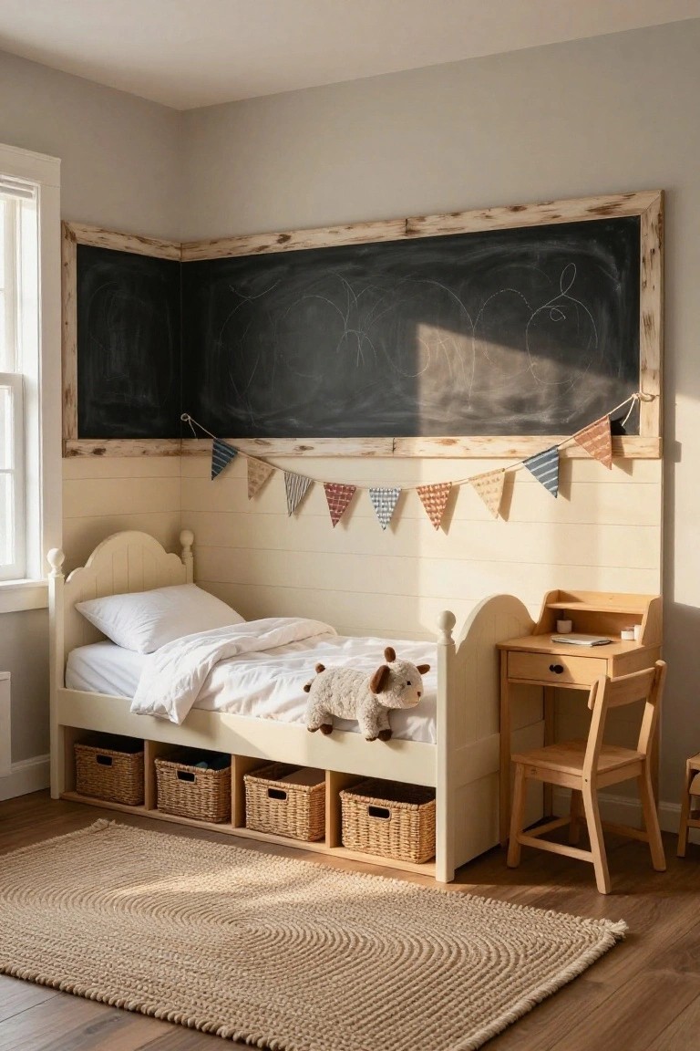 Child's bedroom corner with white paneled bed piled with white bedding and stuffed animals, wooden desk and chair, large black chalkboard on shiplap wall with bunting above, wicker baskets in bed cubbies, and seagrass rug on wood floor.