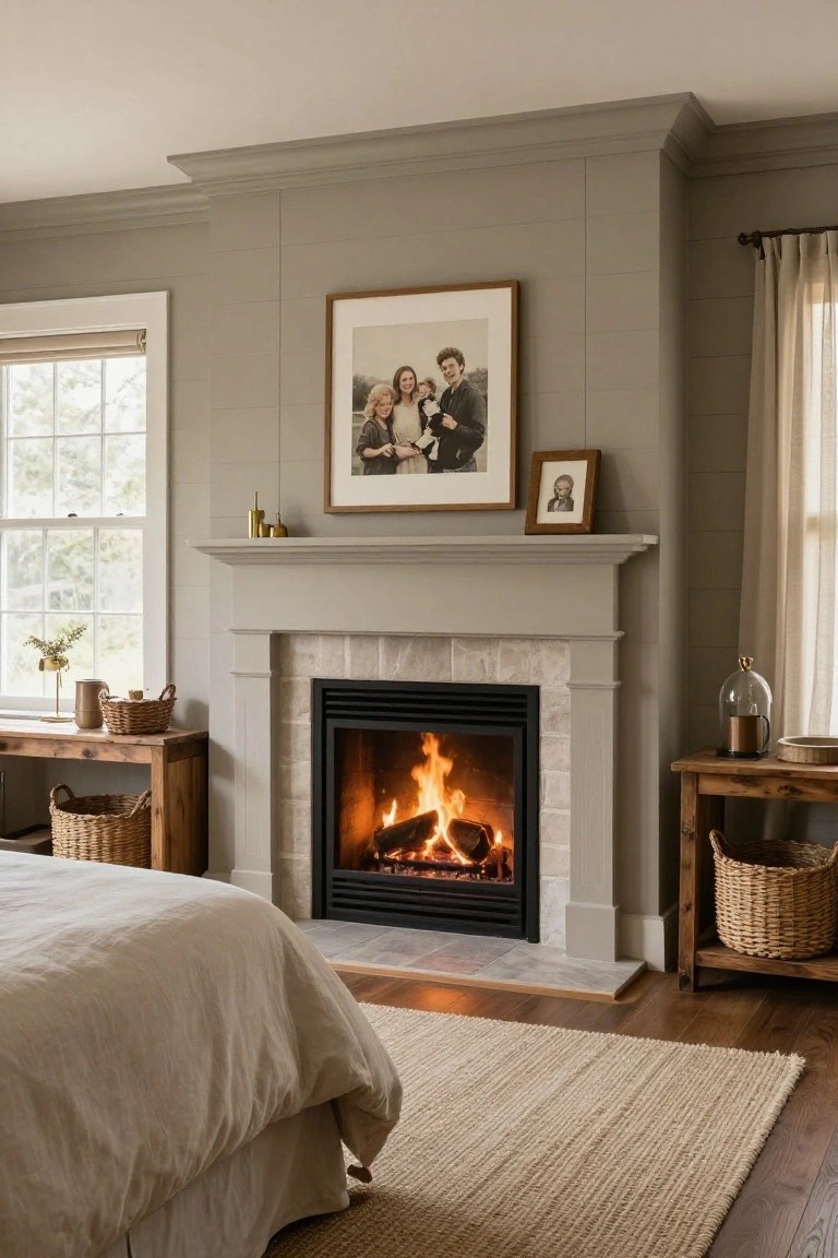 Bedroom interior with gray shiplap walls, a lit brick fireplace on a mantel, family photos above, wooden side tables holding wicker baskets and plants, a bed with white linens, and beige curtains on windows.