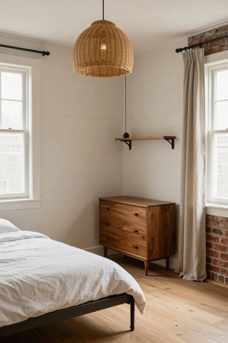 A bedroom interior with white shiplap walls, wooden three-drawer dresser, black metal bed frame with white linens, beige linen curtains on two windows, rattan pendant light, floating wood shelf, and light hardwood floors.