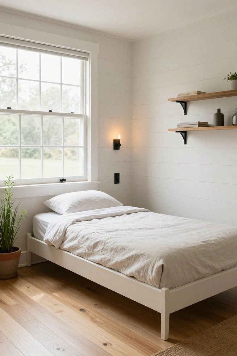 A simply furnished bedroom with white shiplap walls, a white metal bed frame with white linen bedding, a large window with roller shade overlooking trees and grass, wall-mounted black sconces, floating wooden shelves with books and vase, potted plants, and light wood floors.