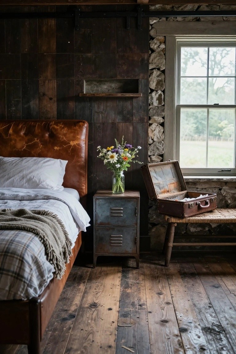 Bedroom with dark vertical shiplap wood walls, brown tufted leather headboard on bed with white sheets and gray plaid throw, metal locker nightstand holding vase of wildflowers, open brown leather suitcase on wooden bench next to window framed in stone wall.