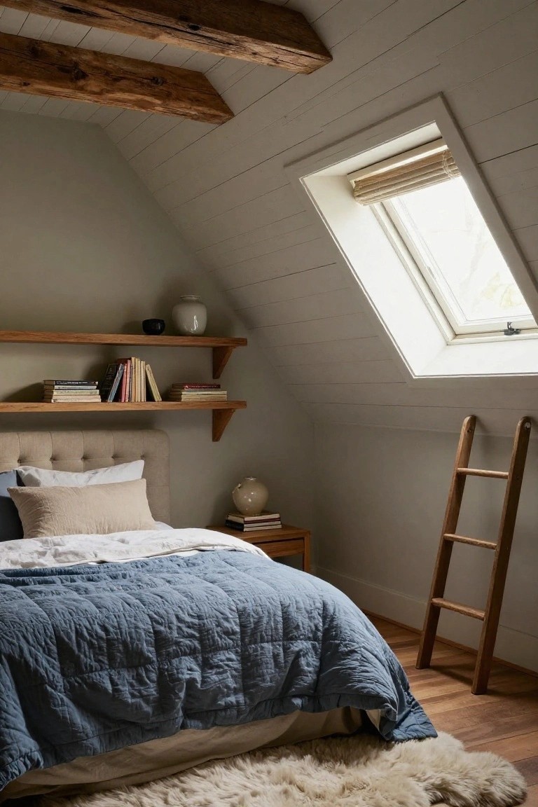 Attic bedroom with sloped white shiplap ceiling and walls, exposed dark wooden beams, skylight with bamboo blind, oak floating shelves with books and ceramics, tufted upholstered bed with white sheets and blue linen quilt, wooden nightstand, leaning oak stepladder, and white sheepskin rug on hardwood floor.