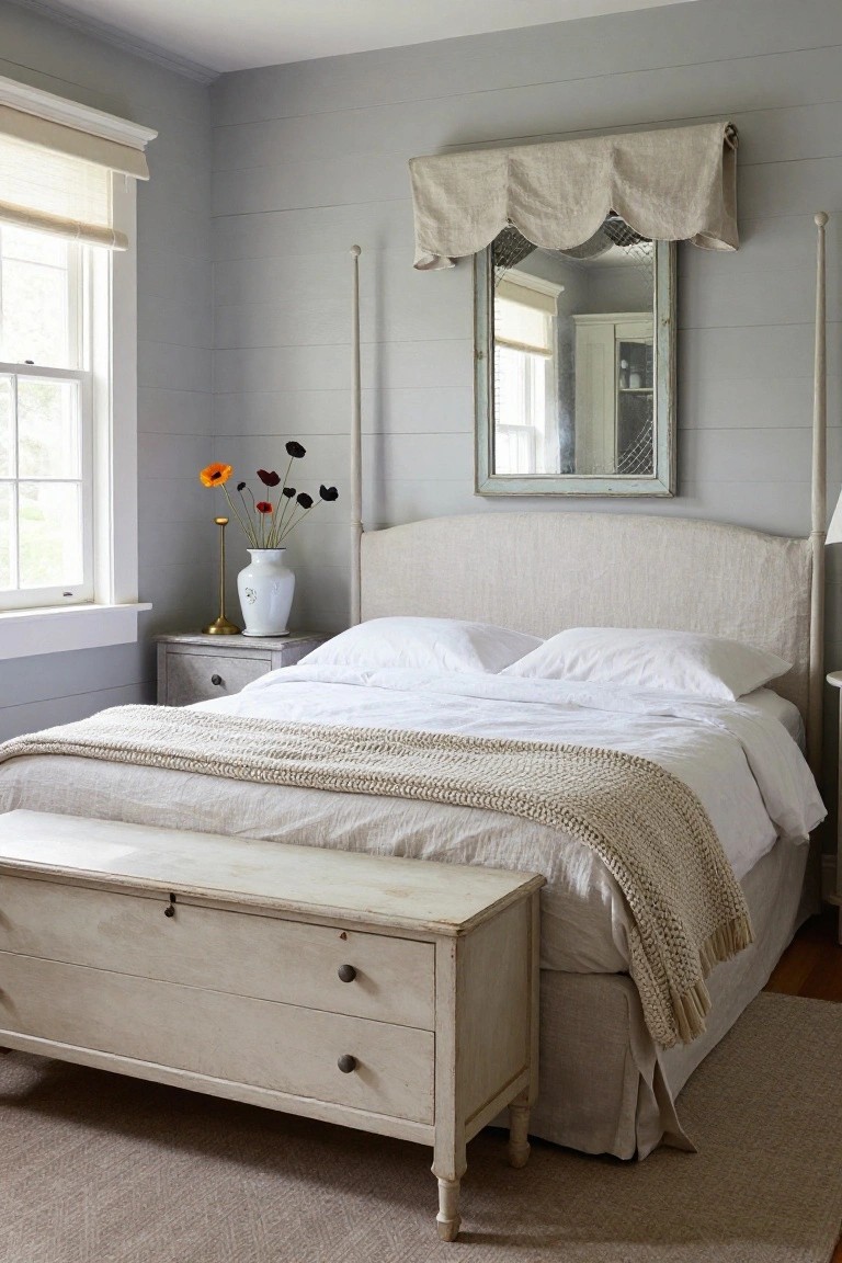 A cozy bedroom with light gray shiplap walls, a tall beige upholstered poster bed with white linens and cream knit throw, wooden bench at the foot, bedside table with white vase of flowers, and window with linen shade.
