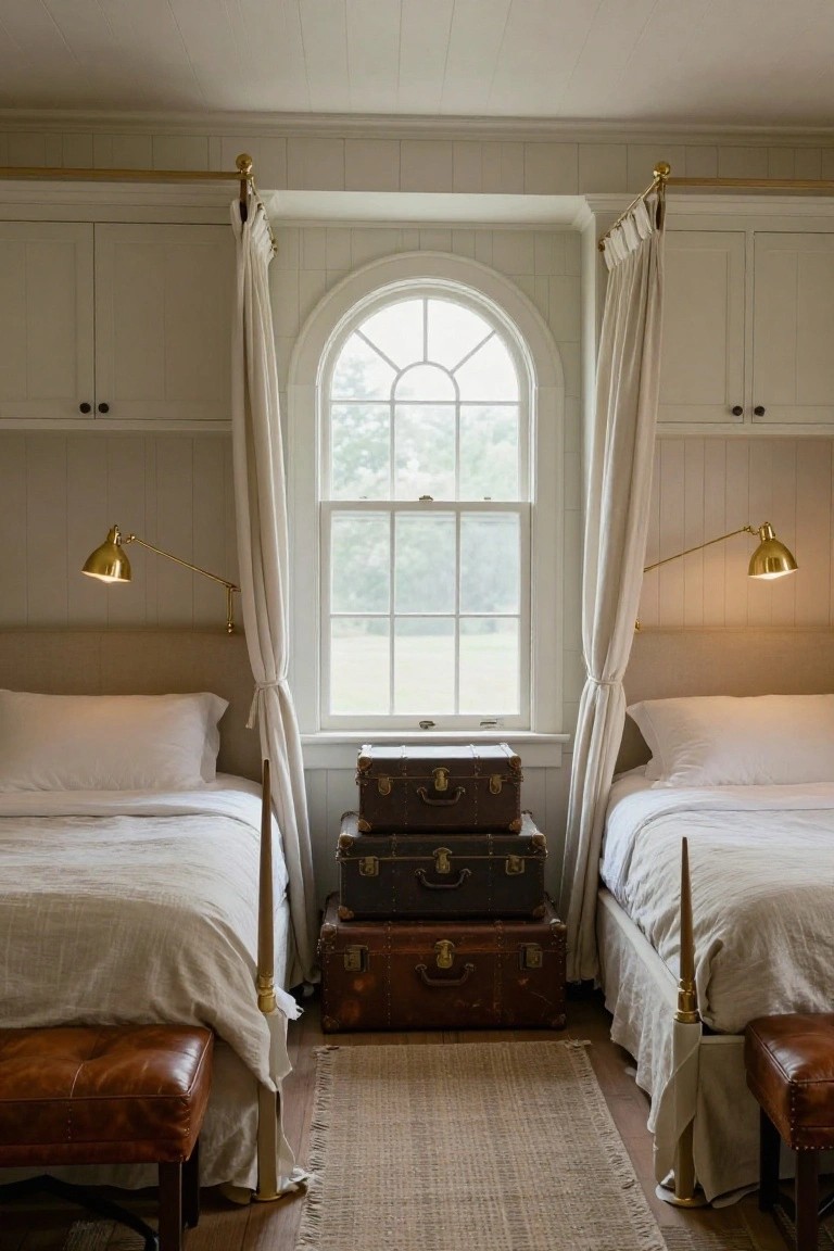 A bedroom with white shiplap walls, two draped twin beds flanking a stack of three brown leather suitcases on a seagrass rug, arched window with sheer curtains, gold swing-arm sconces, and leather benches.