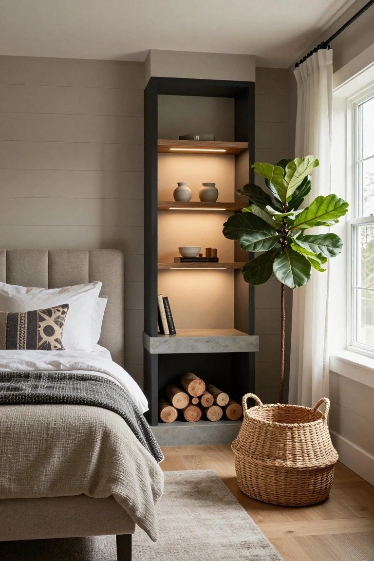 Bedroom with tufted beige bed and neutral bedding, tall black-framed open shelving unit beside it with wood shelves holding ceramics, books, and plants under lighting, large ficus tree by window with white curtains, shiplap walls, log storage at shelf base, woven basket on wood floor