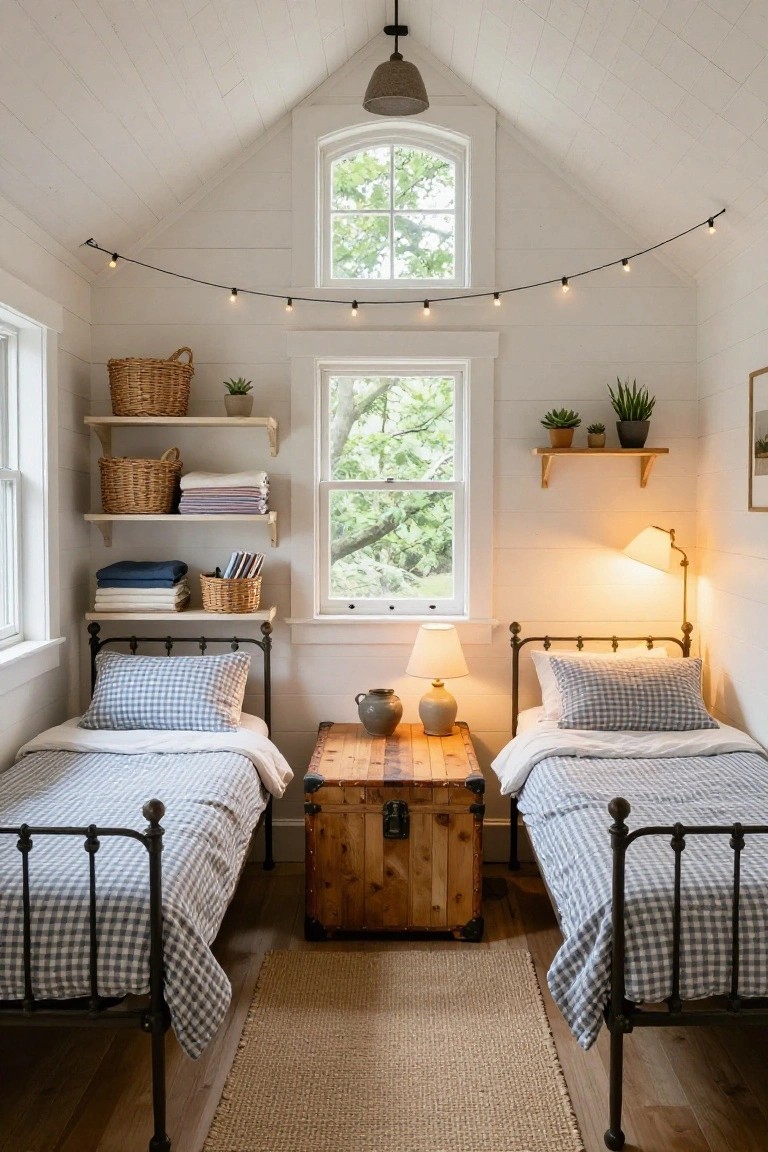 Small attic bedroom with white shiplap walls, two twin iron beds with blue checkered bedding, wooden trunk nightstand between them, floating shelves holding baskets and plants, string lights, table lamps, and a window overlooking trees.