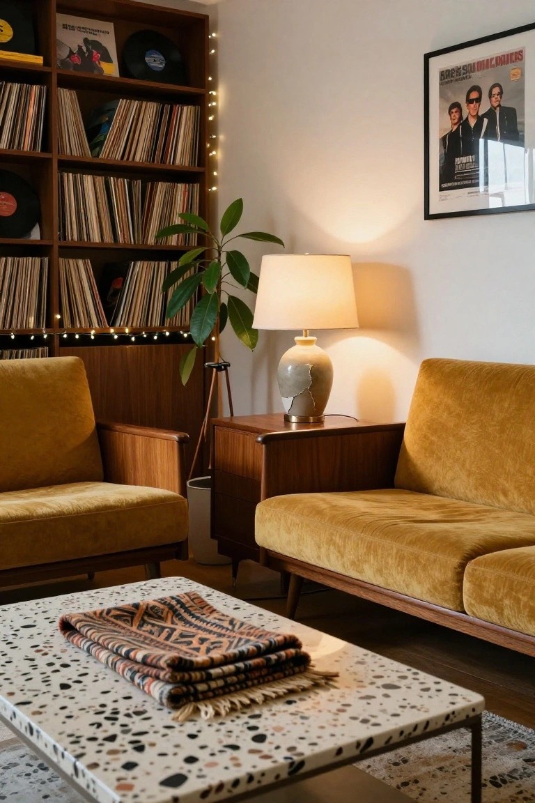 Living room with wooden bookshelves full of vinyl records and books lined with string lights, yellow velvet armchairs, terrazzo coffee table with woven blanket, potted plant, ceramic lamp on wooden side table.