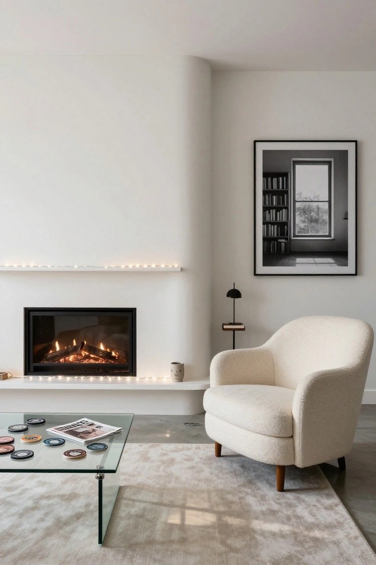 Minimalist living room featuring a gas fireplace with flames, string lights on a white floating shelf above it, beige curved armchair, glass coffee table with colorful coasters and a magazine, side table with lamp, and large black-framed photograph on a curved white wall.
