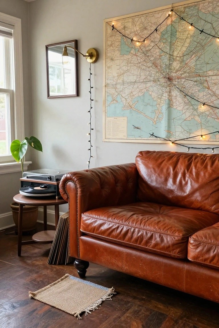 A living room corner featuring a large vintage map on a light gray wall outlined with warm string lights, a brown leather tufted sofa, a record player on a small wooden table with vinyl records, a potted green plant near a window, and hardwood floors with a woven rug.
