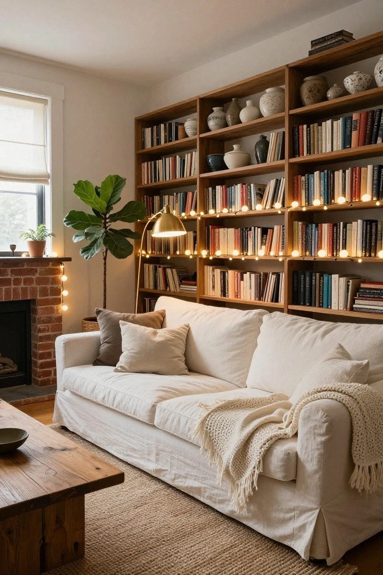 Living room with tall wooden bookshelves lined with small white string lights, white slipcovered sofa with pillows and throw, ficus plant, brass floor lamp, brick fireplace, and wooden coffee table on jute rug.