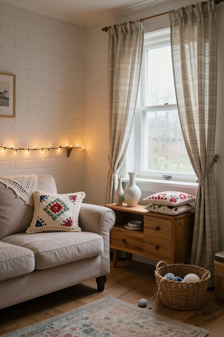 Cozy living room corner with light gray sofa draped in knitted throw and embroidered pillows, wooden side table holding white vases and plates, basket of yarn balls on floor, string lights along white brick wall, and double-hung window with sheer striped curtains.