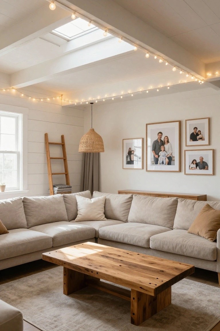 A cozy living room with beige L-shaped sofa, low wooden coffee table, string lights draped along white ceiling beams and skylight, rattan pendant lamp, wooden ladder on shiplap wall, neutral rug, and framed family photos.