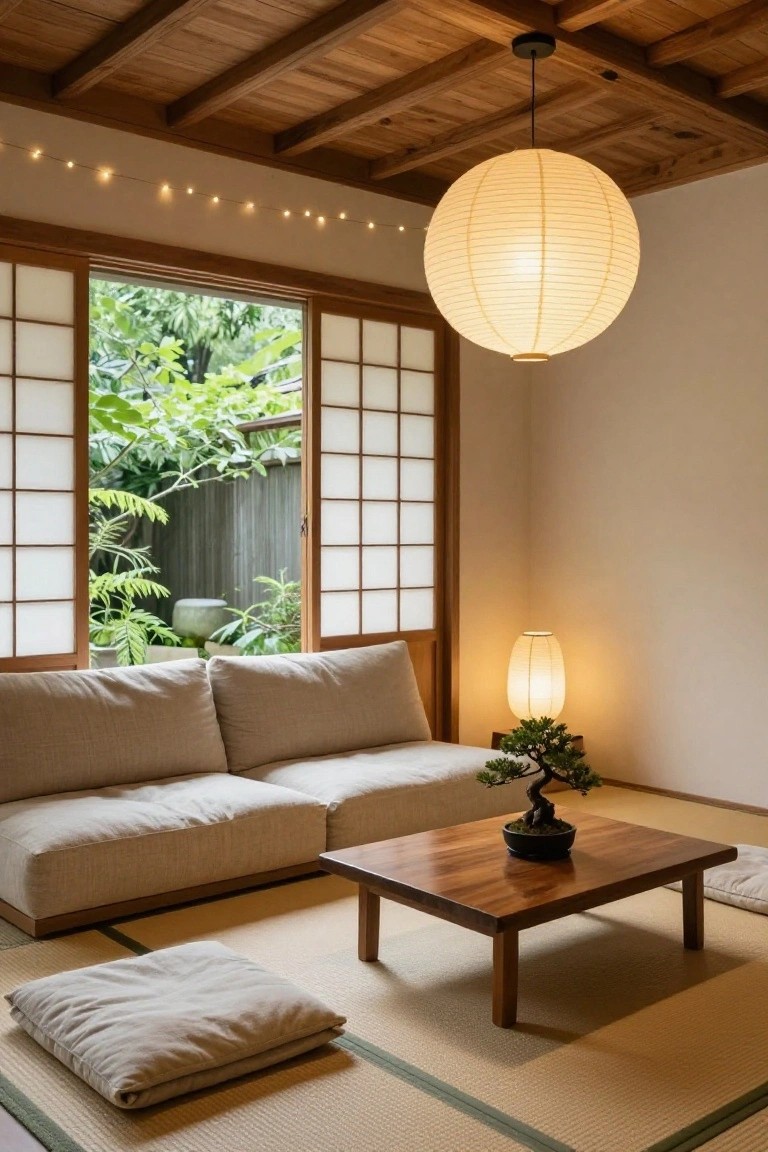 Japanese-style living room with wooden ceiling beams strung with small white lights, large paper lantern hanging from ceiling, beige sofa, low wooden table with bonsai plant, tatami floor mats, and sliding shoji doors open to garden view.