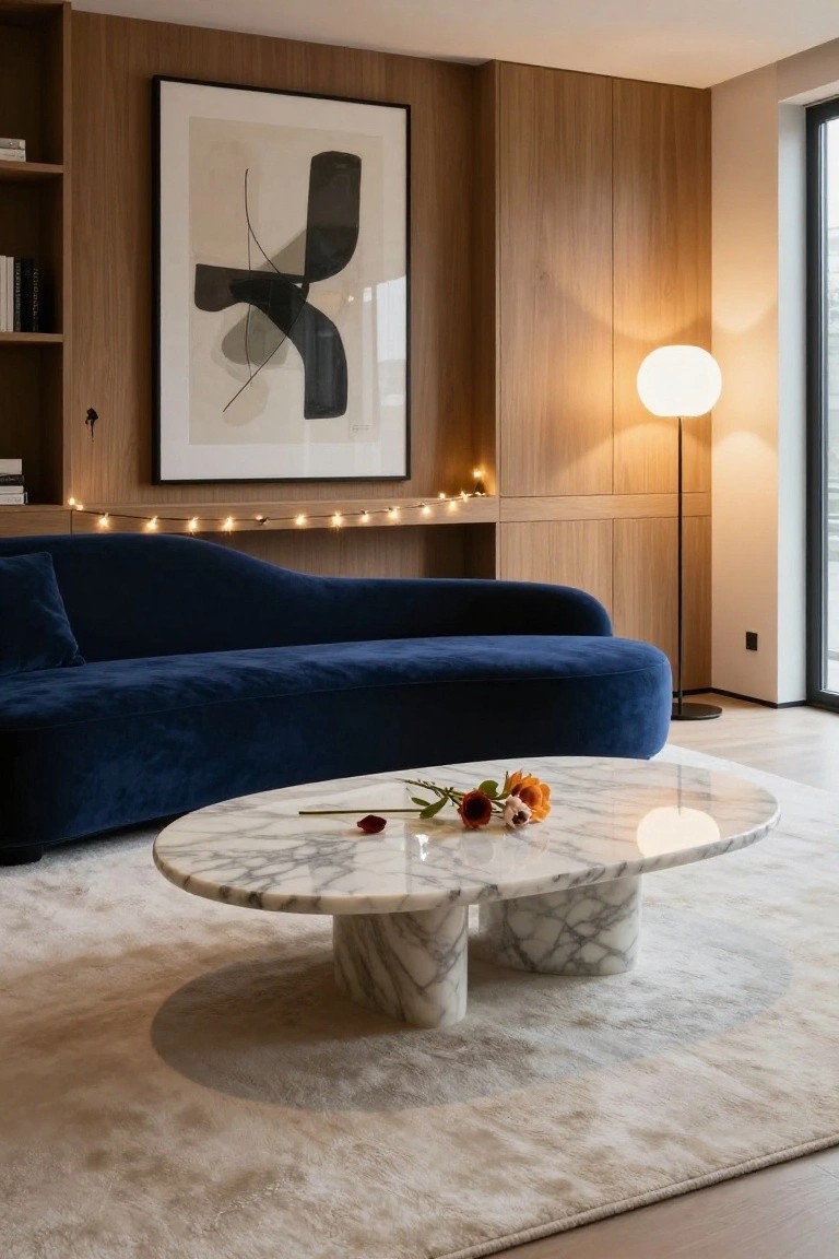 Modern living room featuring curved navy blue velvet sofa, white marble coffee table with flowers, wood-paneled walls with built-in shelves strung with fairy lights, large abstract black-and-white artwork, white globe floor lamp, and beige rug on light wood floor.