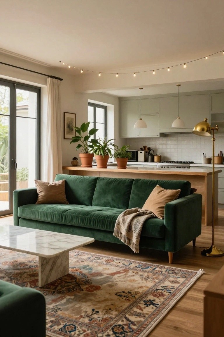 Living room with green velvet sofa, white marble coffee table on patterned rug, open kitchen with sage cabinets and plants, string lights along ceiling perimeter, and windows overlooking greenery.