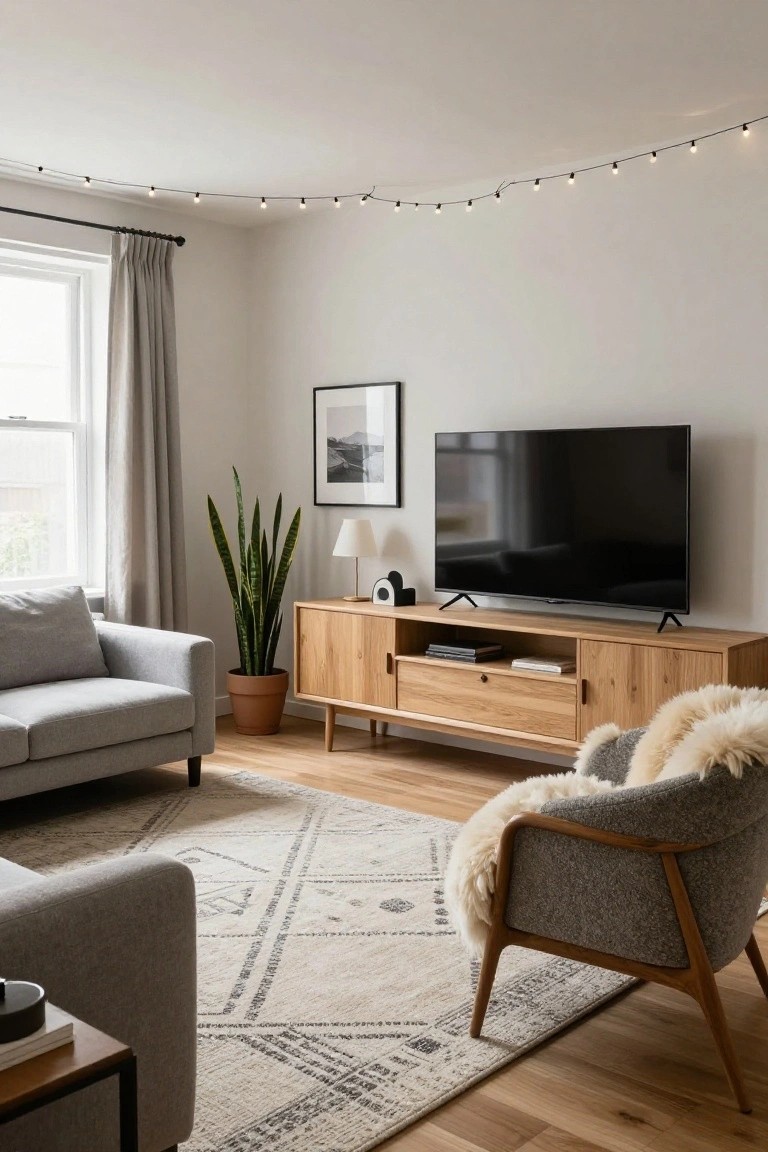 A cozy living room with gray sofa, wooden TV console, potted snake plant, gray armchair with sheepskin throw, beige rug, and string lights strung along the white ceiling perimeter.