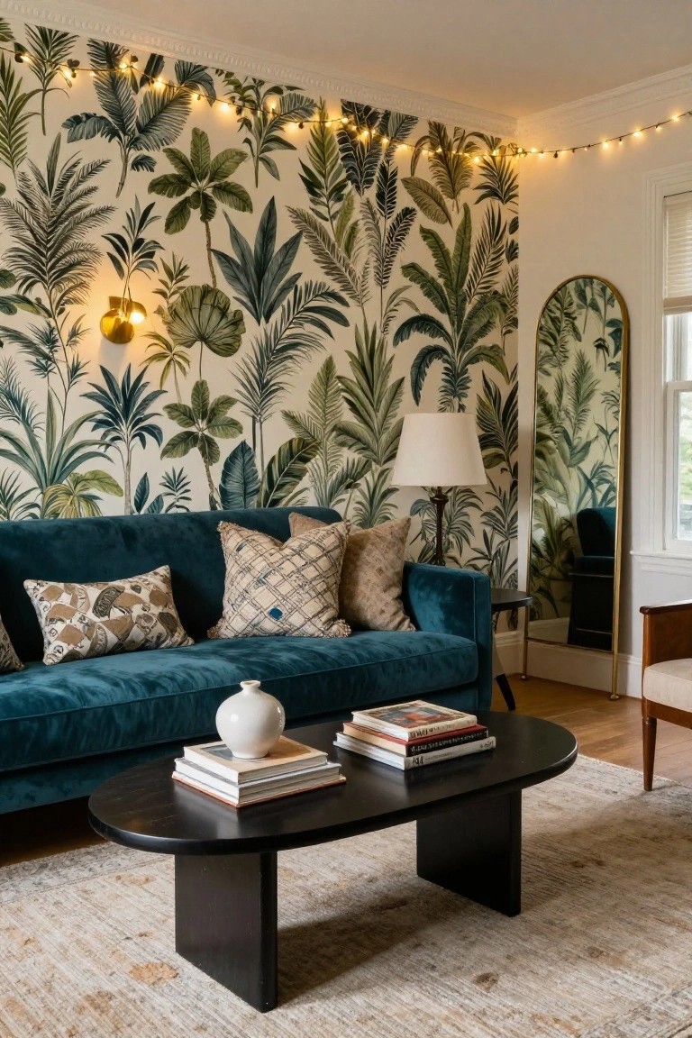 Living room with lush green tropical palm leaf wallpaper on one wall, string lights draped along the top edge, teal velvet sofa, black oval coffee table holding books and white vase, gold arched mirror, lamp, and neutral rug on wood floor.