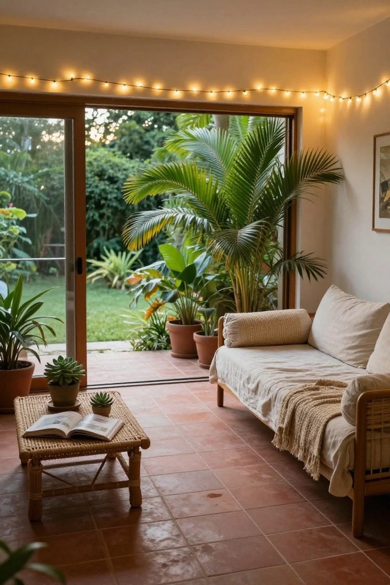 A living room with beige linen sofa on a low rattan frame, rattan coffee table holding an open book and succulents, various potted tropical plants, open wooden sliding doors to a lush garden, terracotta tile floor, and warm string lights draped along walls and door frames.