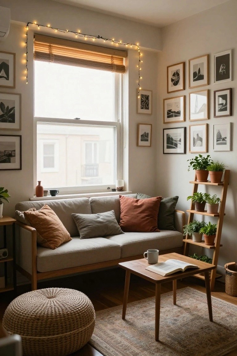 A cozy indoor living room corner with a light gray sofa accented by orange and green pillows, wooden coffee table holding an open book and mug, ladder shelf with potted plants, string lights draped along the window frame and walls, and assorted framed black-and-white photos on beige walls.
