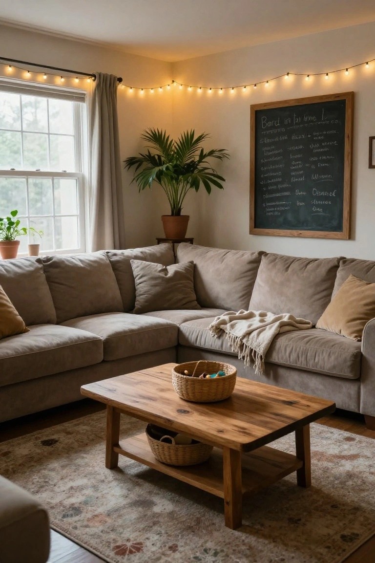 Cozy living room corner featuring a beige L-shaped sectional sofa, wooden coffee table with woven baskets, potted plants, a large framed chalkboard on the wall listing items, and warm string lights draped along the window frame and walls.