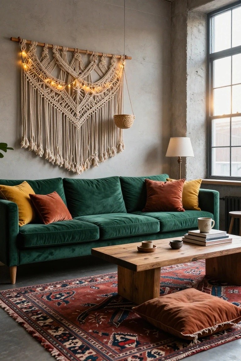 A living room interior with a large white macrame wall hanging strung with warm string lights above an emerald green velvet sofa, wooden coffee table, woven stools, and red Persian rug on a concrete floor.