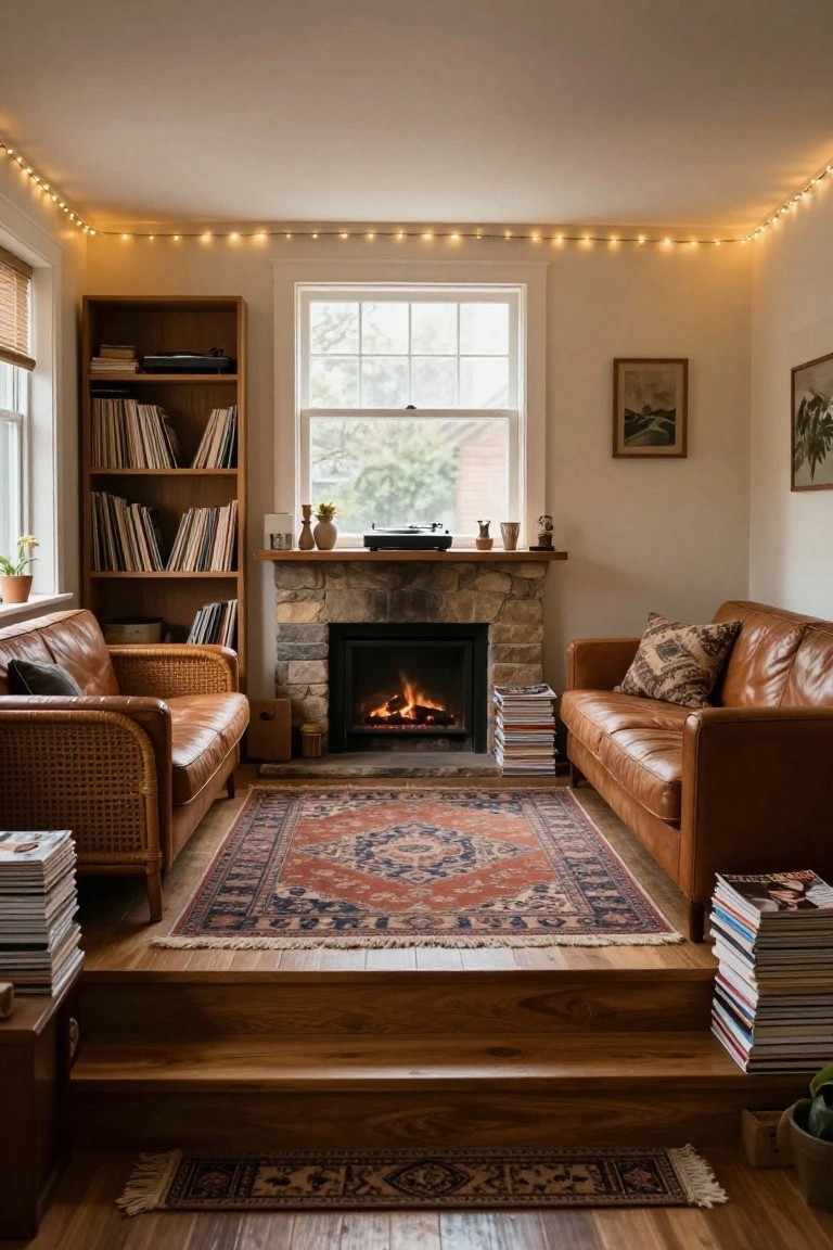 Cozy living room interior with brown leather sofas facing a stone fireplace, wooden bookshelves filled with books and vinyl records, an oriental rug on a raised wooden platform, and string lights lining the ceiling perimeter.
