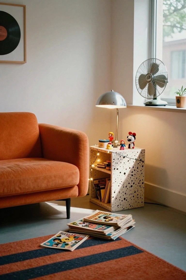 Living room corner with orange sofa, white speckled side table holding toys, books, and string lights, a modern lamp lit nearby, standing fan by window, and stack of comic books on striped rug.