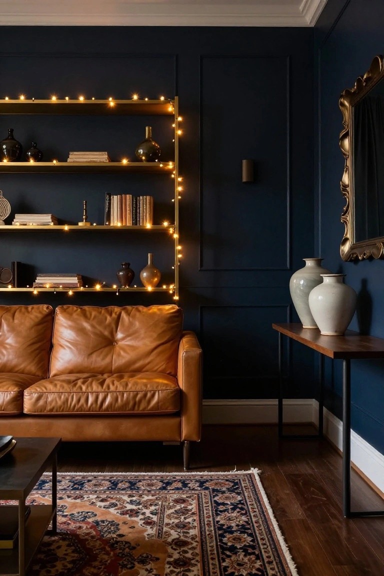 Living room with navy blue paneled walls, brass open shelves lined with string lights holding books and vases, tan leather sofa, wooden console table with white ceramic vases, black metal coffee table, and patterned rug on wood floors.