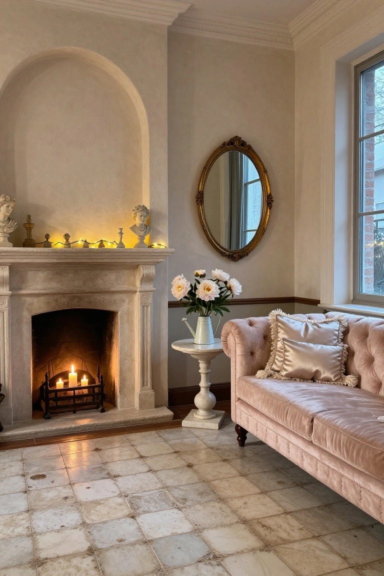 Corner of a living room with stone fireplace, mantel holding string lights candles small statues and busts, pedestal table with white peonies next to pink velvet tufted sofa, antique gold mirror on wall, tiled floor.